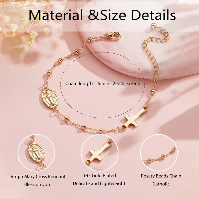 VULETO Catholic Virgin Mary Cross Bracelet Gifts for Girls Teens Women, Rosary Beads Charm Link Chain Bracelet Christmas Christian Religious Jewelry Gifts - Image 5
